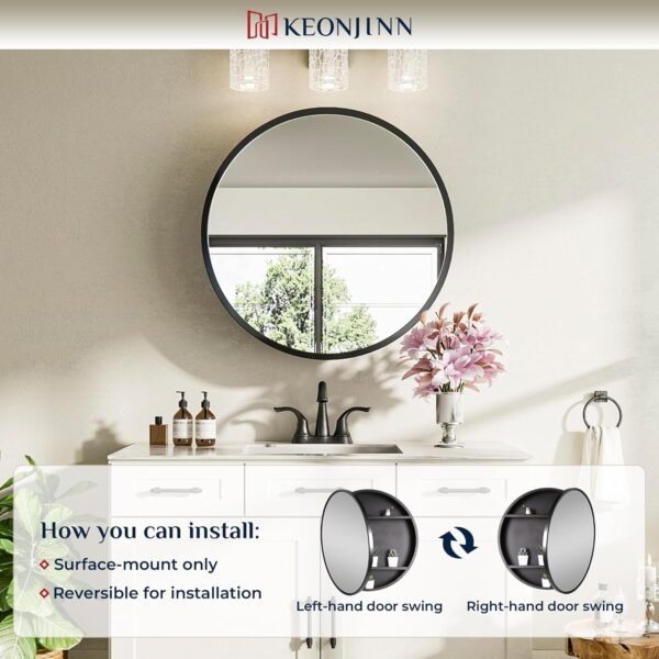 Keonjinn 28 x 28 Inch Round Black Mirror Medicine Cabinet, Modern Black Framed Vanity Bathroom Mirror with Storage