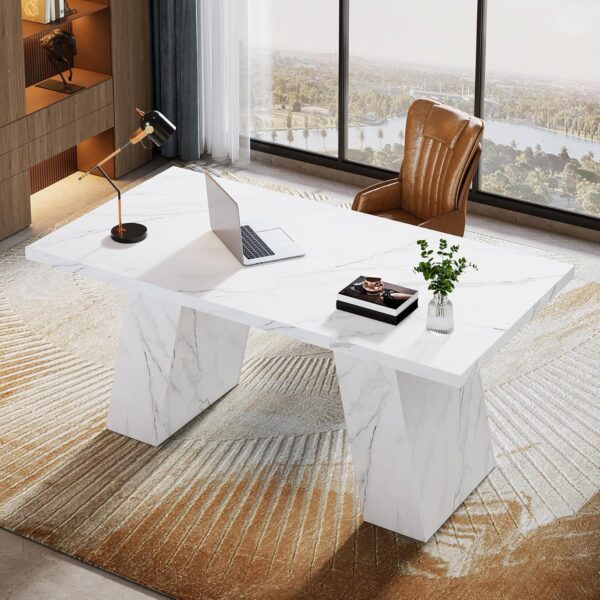 Tribesigns Modern Executive Desk, 63" Wooden Faux Marble Computer Desk with Base for Writing, White Large Simple Rectangular Workstation for Office, Conference, Meeting Room, Business Furniture & Home