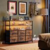 WLIVE Led Dresser TV Stand for Bedroom, Entertainment Center with LED Lights and Power Outlet, 6 Drawer Dressers with Double Open Shelves, Rustic Brown TV Stands