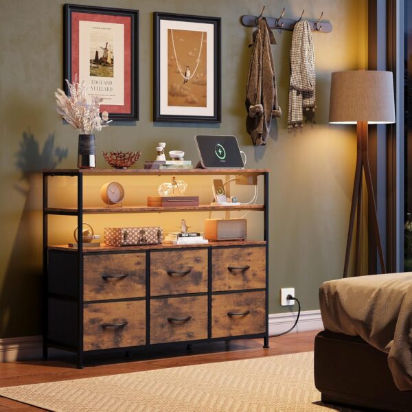 WLIVE Led Dresser TV Stand for Bedroom, Entertainment Center with LED Lights and Power Outlet, 6 Drawer Dressers with Double Open Shelves, Rustic Brown TV Stands