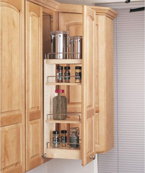 Rev-A-Shelf 8" Pullout Storage Organizer for Wall Kitchen Cabinets, Sliding Adjustable Shelves for Spice Rack or Cans, Wood and Chrome, 448-WC-8C