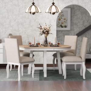 Merax 5-Piece Farmhouse Dining Furniture Set, Wooden Round Extendable Table, and 4 Upholstered Chairs, Antique White