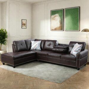 Leather Sectional Couch Sofa, Modern Nail-Head Design L Shaped Sectional Sofa for Living Room, 4 Seat L Couch with Cup Holder for Bedroom Apartment, Red