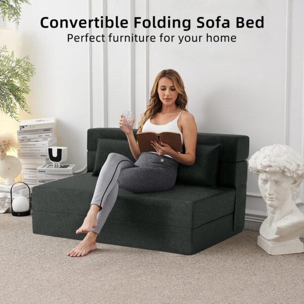 FILUXE Convertible Folding Sofa Bed - Sleeper Chair with Pillow, Modern Linen Fabric Floor & Futon Couch, Foldable Mattress for Living Room/Dorm/Guest Use/Home Office/Apartment, Queen Size, Dark Gray