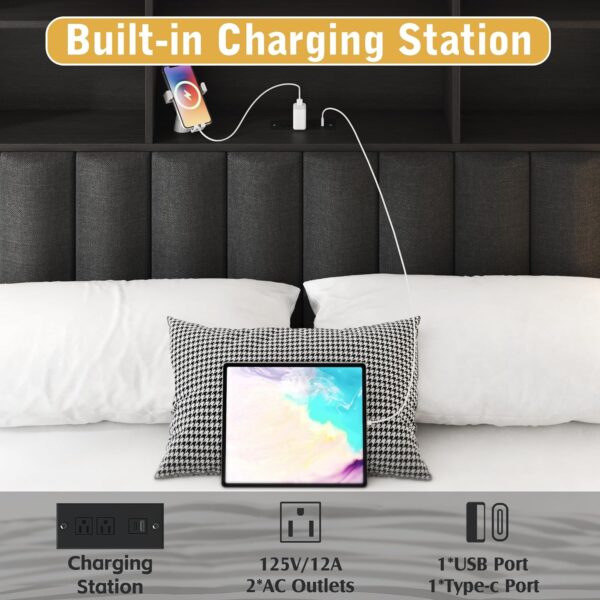 Lifezone Queen Bed Frame with Headboard, Queen Bed Frame with High Storage Bookcase Headboard,4 Storage Drawers & Charging Station & LED,No Box Spring Needed/Noise Free/All-Metal Support,Rustic Grey