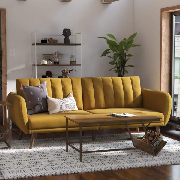 Novogratz Brittany 82 Inch Futon Sofa Bed, Upholstered Couch Sleeper with Tufted Back, Mid-Century Modern, Mustard