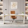 71 inch Large Simple Computer Desk, Executive Office Desk Workstation, Modern Study Writing Table, Business Furniture for Home Office, Faux Marble, White and Gold