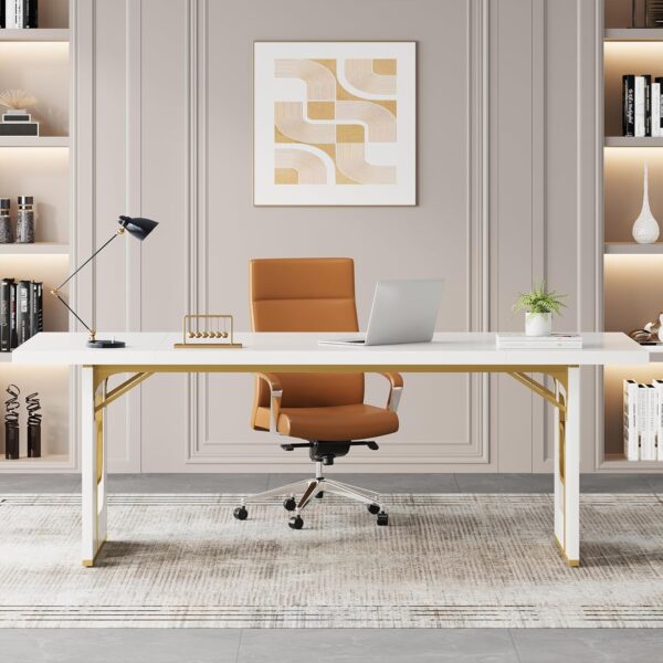 71 inch Large Simple Computer Desk, Executive Office Desk Workstation, Modern Study Writing Table, Business Furniture for Home Office, Faux Marble, White and Gold