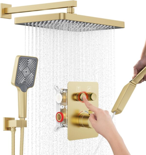 Thermostatic Shower System 13-Inch Rainfall Shower Head - 3 Setting Handheld Sprayer, Complete Bathroom Set with Faucet Mixer Trim Kit & Valve Brushed Gold