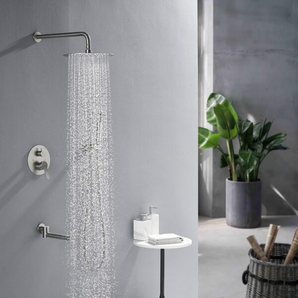 DASAN Tub Shower Faucets Sets Complete Bathtub Faucet Set Brushed Nickel Bathtub Shower System with Tub Spout, Bathroom Tub and Shower Faucet Combo Trim Kit with Rough-in Valve, DA-SS03BN-R10W