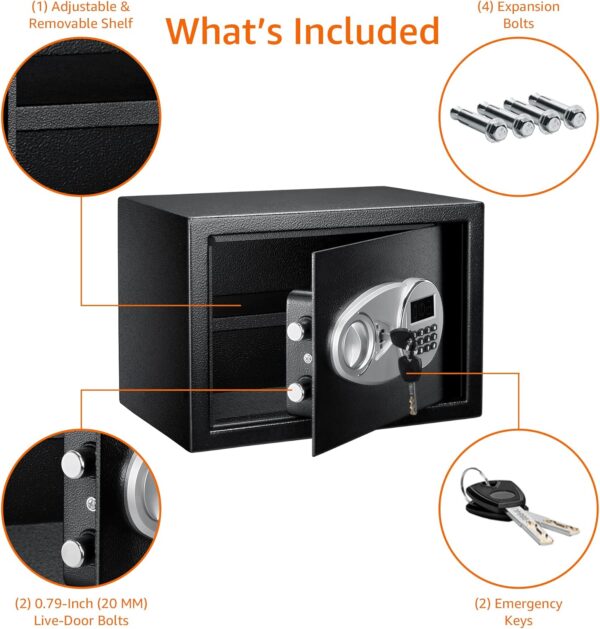 Amazon Basics Steel Security Safe and Lock Box with Electronic Keypad - Secure Cash, Jewelry, ID Documents, 0.5 Cubic Feet, Black, 13.8" W x 9.8" D x 9.8" H