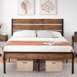 Rustic Queen Bed Frame with Headboard,Metal Platform Farmhouse Bed Frame Metal Slat,Sturdy Heavy Duty Bed Frame,No Box Spring Needed,Easy Assembly,Under Bed Storage,Rustic Brown,Queen Size