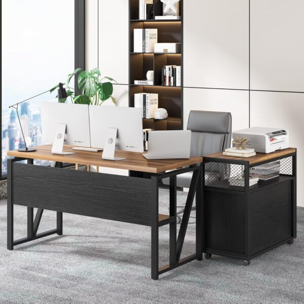 Tribesigns Desk with Drawer, 55" Long Computer Desk with Storage Rack and Mobile Document Cabinet, Home Office Furniture Set Executive Desk (Brown, 55" (Brown, 55)