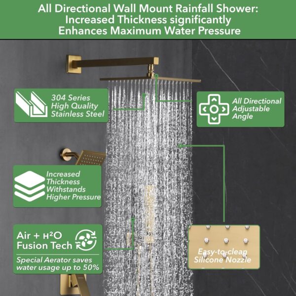 VANFOXLE Shower Faucet Set Brushed Gold Shower System,Push Button Diverter Shower Faucet with 2 in 1 Handheld, Wall Mount 10 Inch Shower Head with 6 Inch Shower Head