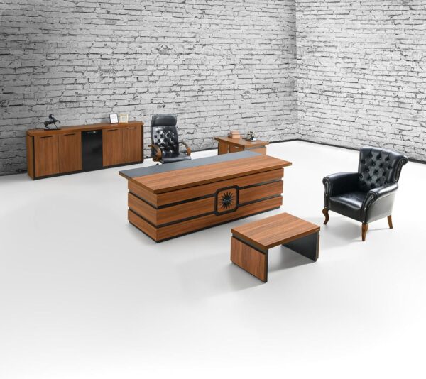 79" Wood Office Furniture Set of 4pcs | Executive Desk w/Leather Pad | File Drawers w/Telescopic Rail | Large Storage Cabinet w/Chrome Handles | Coffee Table | Sturdy Modern Home Workstation
