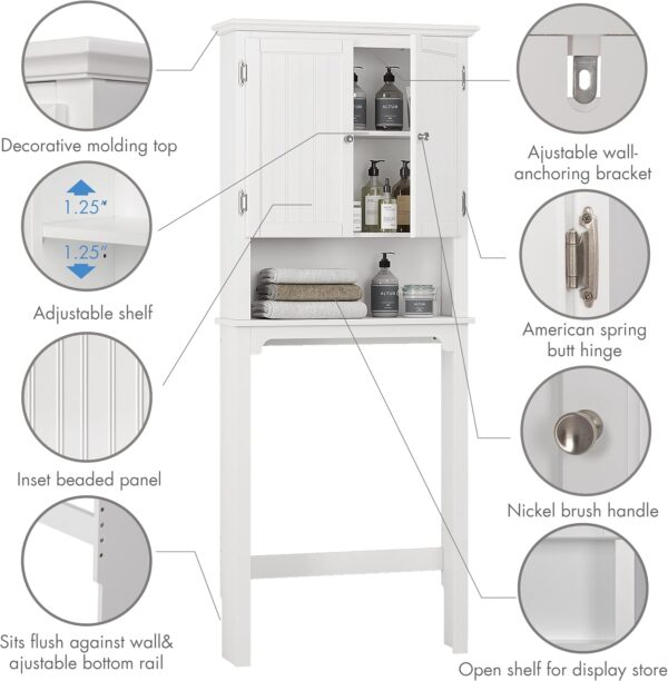UTEX Bathroom Storage Over The Toilet, Cabinet Organizer with Adjustable Shelves and Double Doors, Wood Space Saver, White
