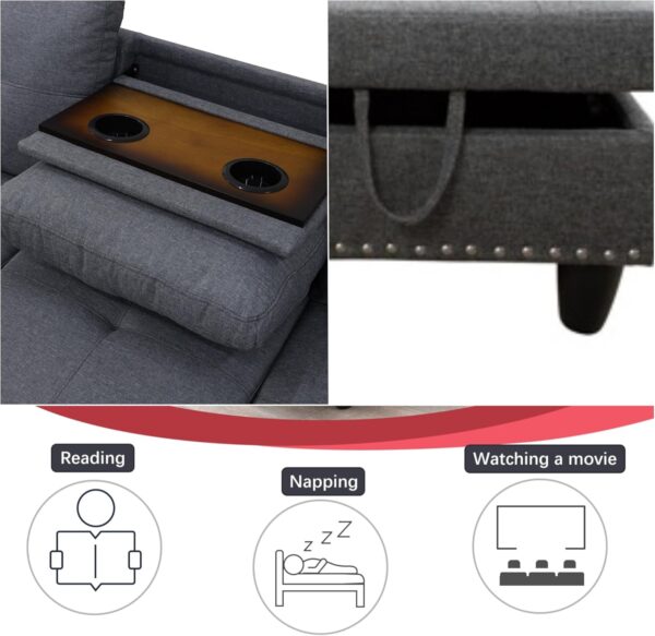 Sectional Couches with Ottoman Storage, Lounge Modular Sectional Sofa with Reversible Cup Holder, Modern Nail-Head L Shaped Couch for Living Room Furniture Sets, Bedroom, Gray