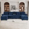 U Shaped Cloud Couch Sectional, 124" Comfy Fluffy Chenille Dark Blue Sectional Couches for Living Room with Double Chaise Lounge, Modern Modular Sectional Sofa with Central Console USB Port