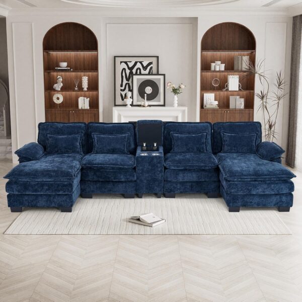 U Shaped Cloud Couch Sectional, 124" Comfy Fluffy Chenille Dark Blue Sectional Couches for Living Room with Double Chaise Lounge, Modern Modular Sectional Sofa with Central Console USB Port
