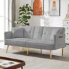 Modern Velvet Upholstered Convertible Folding Futon Sofa Bed Adjustable Recliner Lounge Loveseat Couch Sofacama with Golden Metal Legs, 2 Cup Holders ,Throw Pillows for Living Room Apartment Office