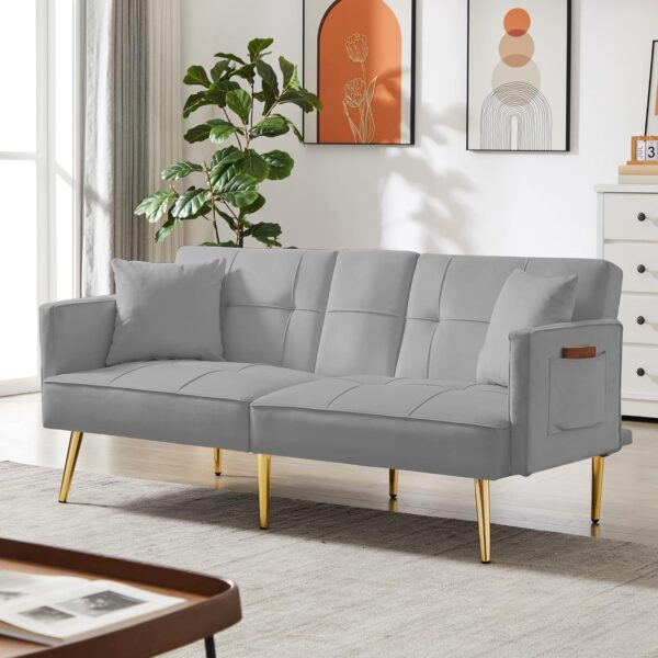 Modern Velvet Upholstered Convertible Folding Futon Sofa Bed Adjustable Recliner Lounge Loveseat Couch Sofacama with Golden Metal Legs, 2 Cup Holders ,Throw Pillows for Living Room Apartment Office
