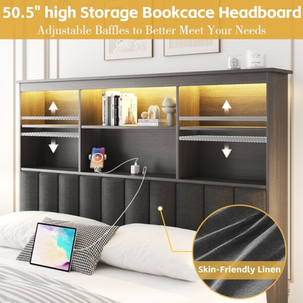 Lifezone Queen Bed Frame with Headboard, Queen Bed Frame with High Storage Bookcase Headboard,4 Storage Drawers & Charging Station & LED,No Box Spring Needed/Noise Free/All-Metal Support,Rustic Grey