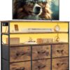 WLIVE Led Dresser TV Stand for Bedroom, Entertainment Center with LED Lights and Power Outlet, 6 Drawer Dressers with Double Open Shelves, Rustic Brown TV Stands