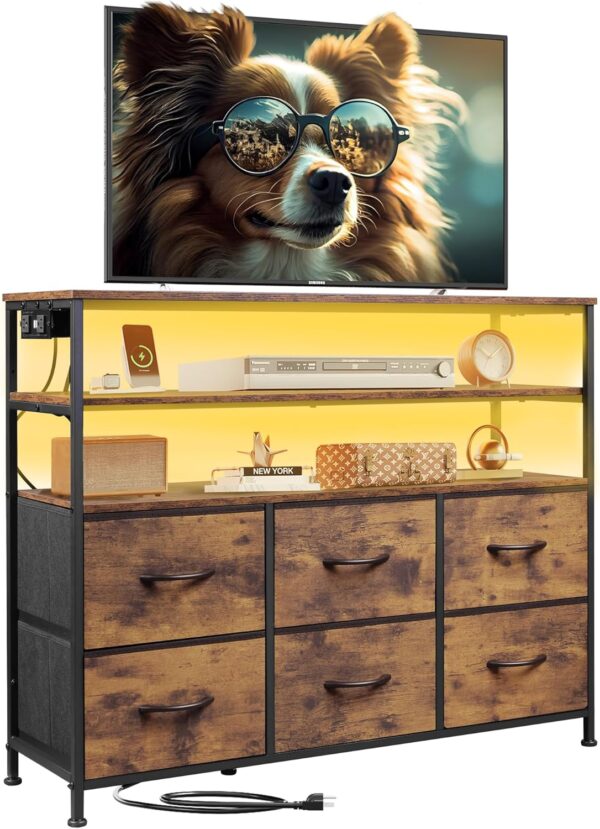 WLIVE Led Dresser TV Stand for Bedroom, Entertainment Center with LED Lights and Power Outlet, 6 Drawer Dressers with Double Open Shelves, Rustic Brown TV Stands