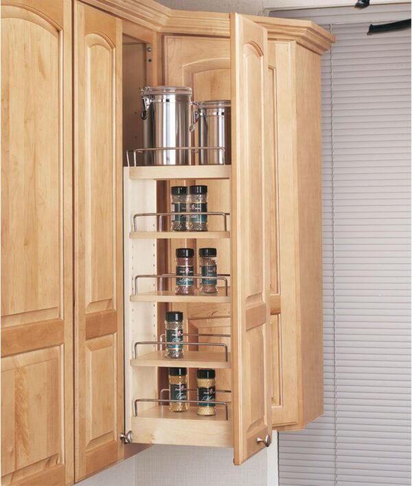 Rev-A-Shelf 8" Pullout Storage Organizer for Wall Kitchen Cabinets, Sliding Adjustable Shelves for Spice Rack or Cans, Wood and Chrome, 448-WC-8C