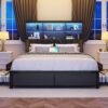 Lifezone Queen Bed Frame with Headboard, Queen Bed Frame with High Storage Bookcase Headboard,4 Storage Drawers & Charging Station & LED,No Box Spring Needed/Noise Free/All-Metal Support,Rustic Grey