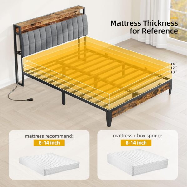 DWVO Queen Size Bed Frame, Platform Bed Frame with Charging Station, Upholstered Storage Headboard Metal Bed Frame with USB Ports, No Box Spring Needed, Under Bed Storage, Easy Assembly, Rustic Brown