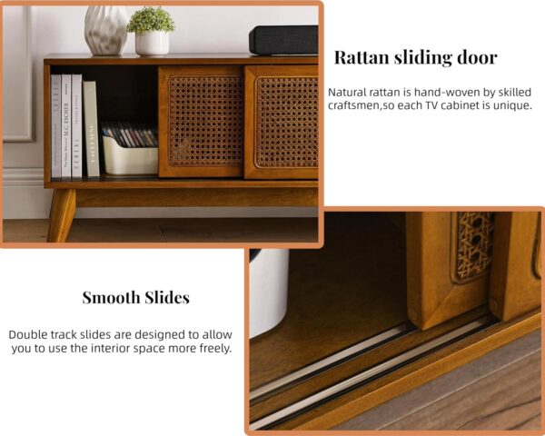 59 Inch Mid Century Modern TV Stand with Rattan Cabinet Doors, Entertainment Center Media Console for 65 Inch TVs, Living Room/Bedroom TV Stand, Light Wood