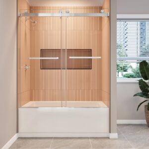Bathtub Shower Doors, 60" W x 60" H Frameless Double Sliding Tub Glass Shower Door Bathtub Door, 3/8" Clear SGCC Tempered Glass Bathtub Glass Door, Brushed Nickel Finish