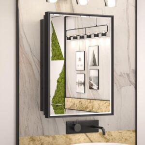 Keonjinn 17" x 25" Black Medicine Cabinet for Bathroom, Recessed or Surface Wall-Mounted Aluminum Alloy Framed Beveled Mirror with Storage, Mirrored Cabinets with 2 Adjustable Shelves for Bath Modern