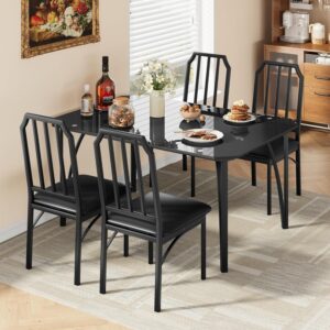 Dining Table Set for 4 with Black Glass Desktop, 5 Piece Kitchen Table and Chairs Set with Chamfer Design, Dining Room Table Set with Cushion Seats for Home Kitchen