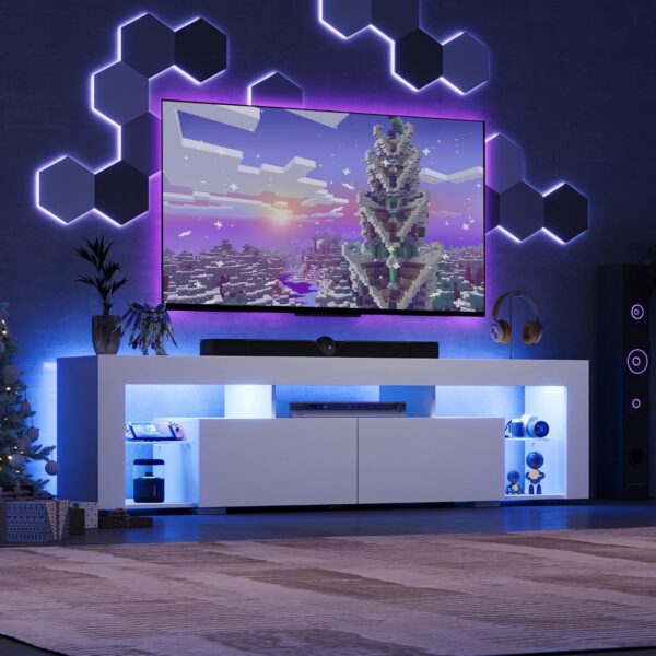 WLIVE 63 Inch TV Stand, LED Entertainment Center for 60 to 70 Inch TV, Modern TV Console with 2 Drawers, TV Stands for Living Room, White