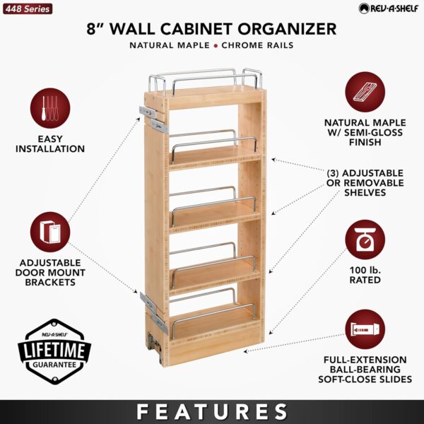 Rev-A-Shelf 8" Pullout Storage Organizer for Wall Kitchen Cabinets, Sliding Adjustable Shelves for Spice Rack or Cans, Wood and Chrome, 448-WC-8C