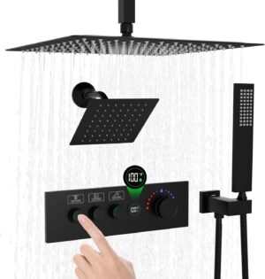 Enga Dual Head Shower System, 16" + 6" Dual Rain Shower System (Can All Run Together & Flow Adjustable), Temperature-Display Push-button Valve Thermostatic Shower Faucet Set, Matte Black