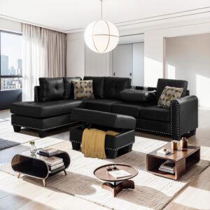 3-Piece Sectional Couch Set L Shape 98" Wide Sofa for Living Room with 2 Cup Holders and Storage Ottoman for Home Furniture Room Decor, Black