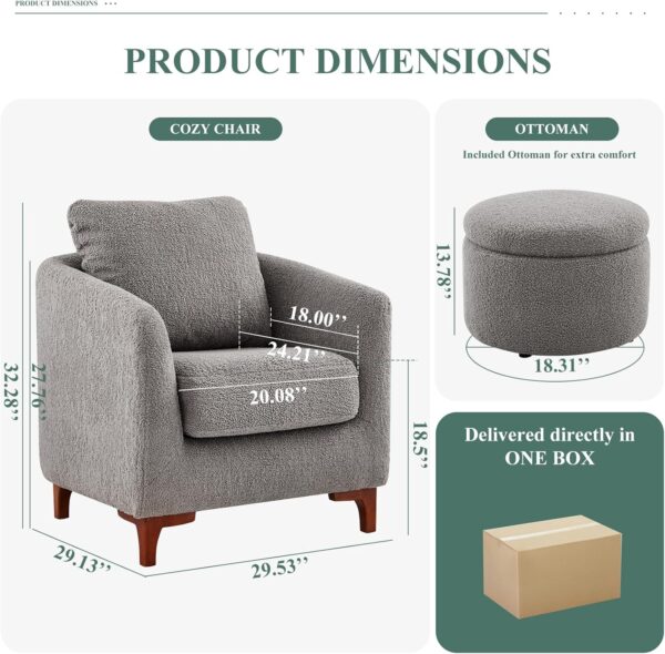 COLAMY Sherpa Accent Chairs with Storage Ottoman Set of 2, Upholstered Barrel Arm Chair with Footrest, Modern Living Room Chair with Back Pillow, Grey