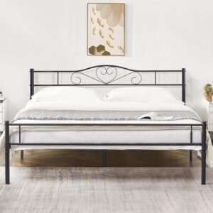 VECELO Metal Platform Bed Frame with Headboard & Footboard, Steel Slats Mattress Foundation, No Box Spring Needed, Queen, Charcoal Black