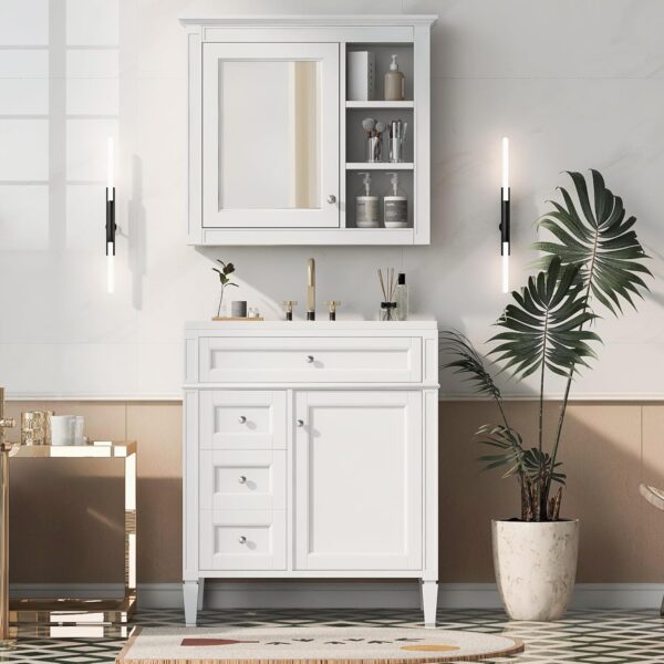 Linique 30" Bathroom Vanity with Mirror Cabinet Combo Set, Modern Bathroom Storage Cabinet with Ceramic Sink, 2 Drawers and a Tip-Out Drawer, Wall-Mounted Medicine Cabinet for Bathroom, White