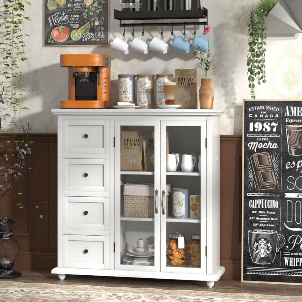 COSTWAY Sideboard Buffet Cabinet, Kitchen Storage Cabinet with 4-Drawers, 2 Tempered Glass Doors, Buffet Table, Accent Cabinet for Entryway, Dining Room, Kitchen, Home, Basement, White