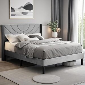VECELO Upholstered Platform Queen Bed Frame with Fabric Headboard,Wooden Slats Support/No Box Spring Needed/Mattress Foundation,Dark Grey