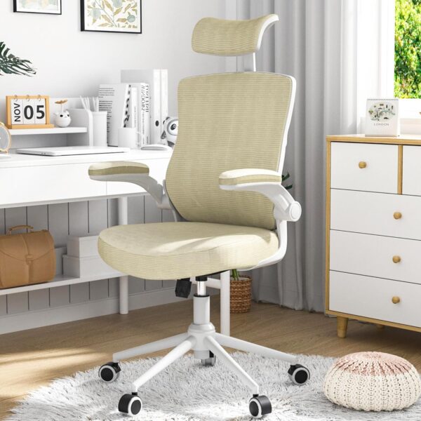 Home Office Chair, Ergonomic Comfy Desk Chair, High Back Computer Chair- Adjustable Headrest with Flip-Up Arms, Lumbar Support, Swivel Executive Task Chair (Modern, Beige)