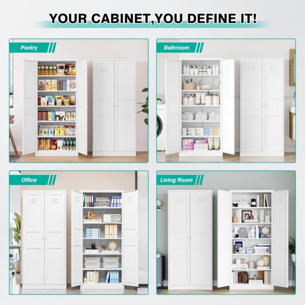 White Metal Storage Cabinet with 2 Doors and 5 Shelves,Pantry Storage Cabinet,Ventilated Tall Large Cupboard Closet,71"H Food Pantry Cabinets for Home,Office,Bathroom,Dining/Living Room (71" H)