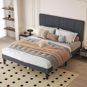 DUMOS Queen Bed Frame with Headboard, Wood Queen Platform Bed No Box Spring Needed, Fabric Upholstered Bed Frame with Adjustable Headboard, 800LBS Support,Noise Free, Dark Grey