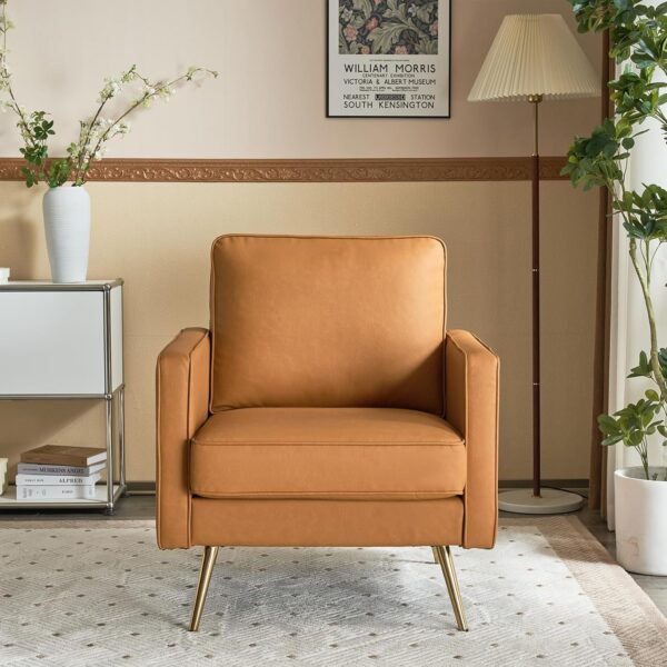 VINGLI Modern PU Leather Accent Chair for Living Room,Bedroom Comfy Chair Arm Chair Reading Chair with Golden Metal Legs and Deep Seat for Office,Apartment,Small Space,Cognac