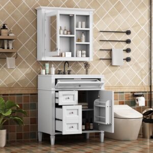 Linique 30" Bathroom Vanity with Mirror Cabinet Combo Set, Modern Bathroom Storage Cabinet with Ceramic Sink, 2 Drawers and a Tip-Out Drawer, Wall-Mounted Medicine Cabinet for Bathroom, White