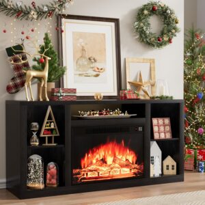 YESHOMY Electric Fireplace TV Stand for Televisions up to 65+ Inch, Media Entertainment Center Console Table with Four Open Storage Shelves & Cabinets, 58 Inch, Black
